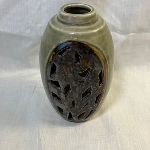 Unique Double walled Ceramic Vase with Pierced Cut Out Branch and leaves Design.